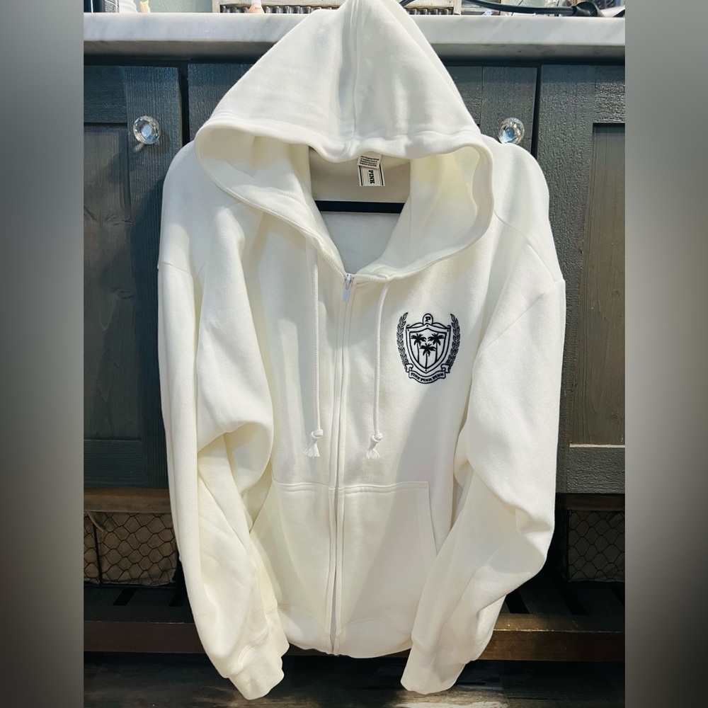 VS PINK Full Zip Hoodie White LIMITED Edition PinkPinkPink LOGO Sz-L!$69!NWT!